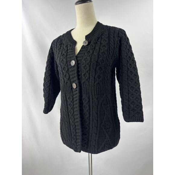 Kilronan Knitwear Cardigan Black XS Pure New Wool Short Sleeve Made in Ireland - Picture 2 of 12